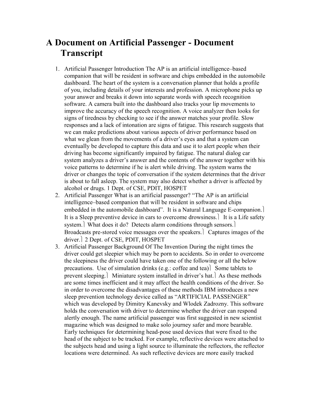 A Document on Artificial Passenger - Document Transcript