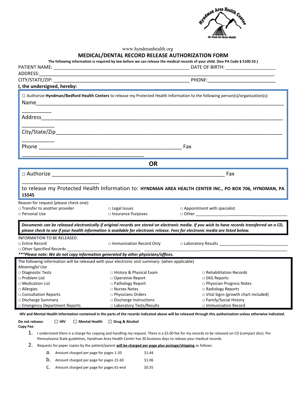 Medical/Dental Record Release Authorization Form