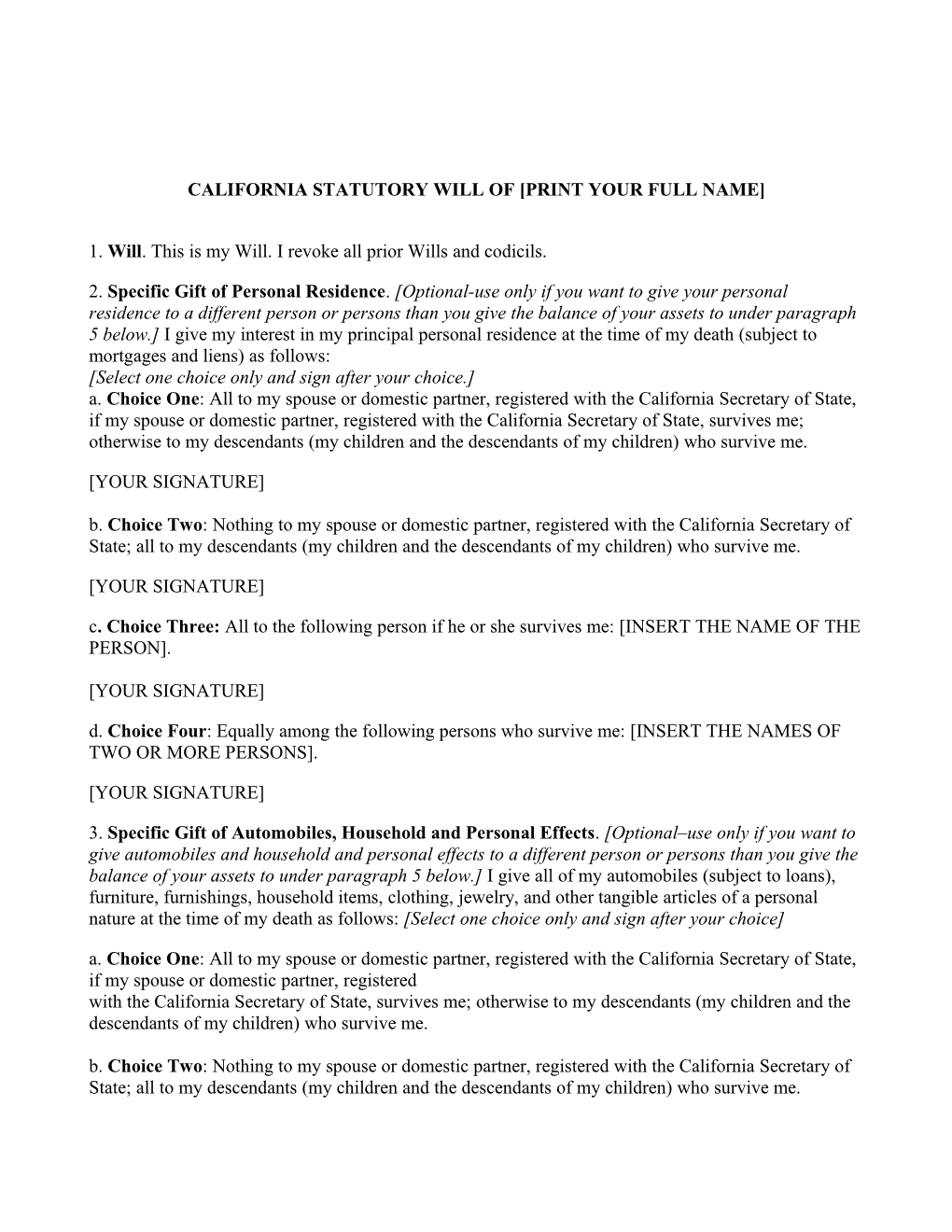 California Statutory Will of Print Your Full Name