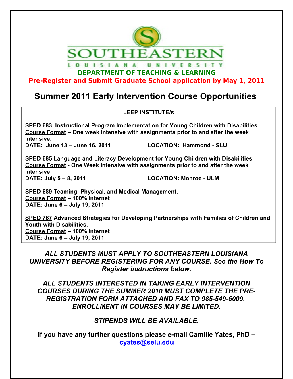 Summer 2011 Early Intervention Course Opportunities
