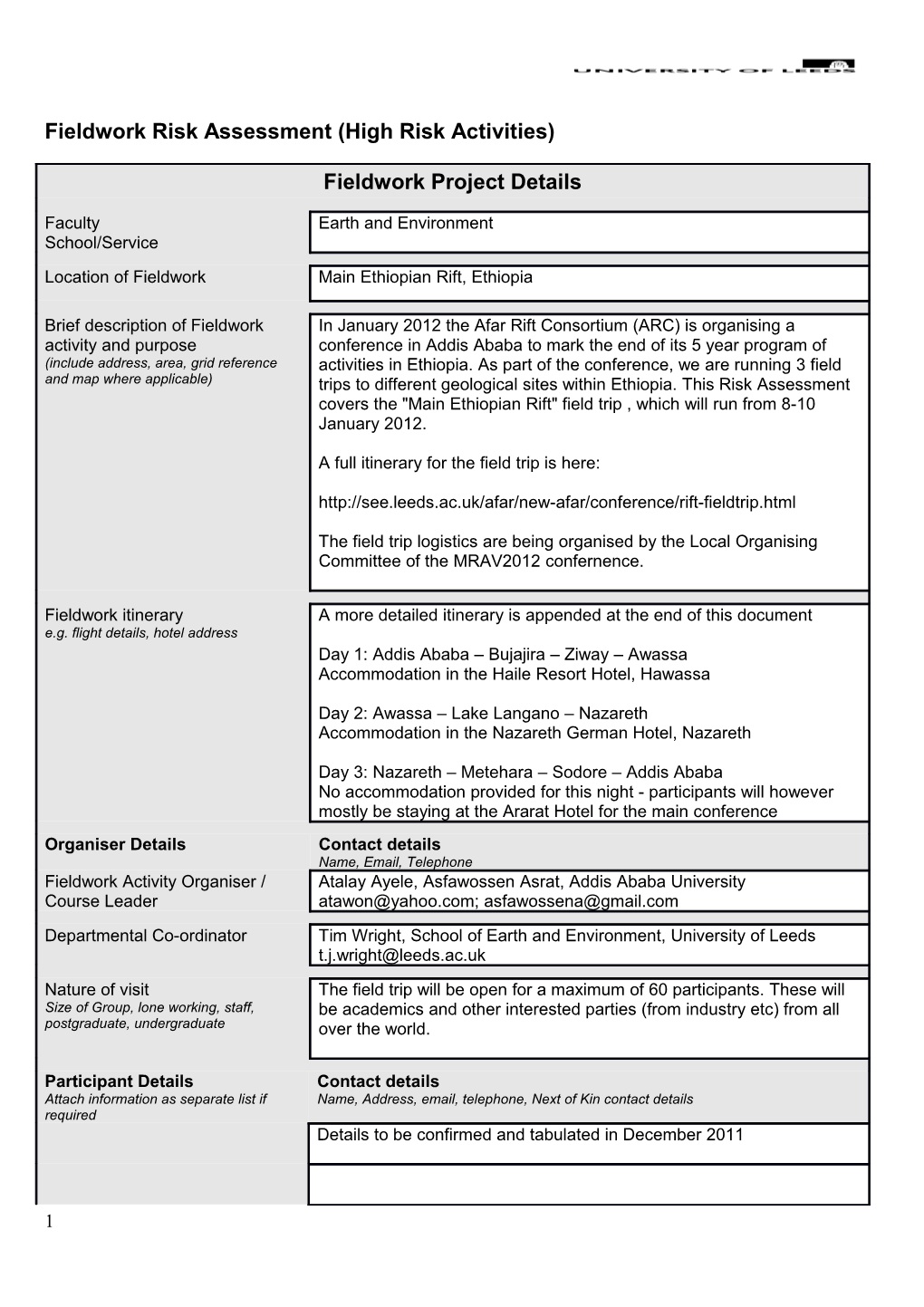 Fieldwork Risk Assessment (High Risk Activities)