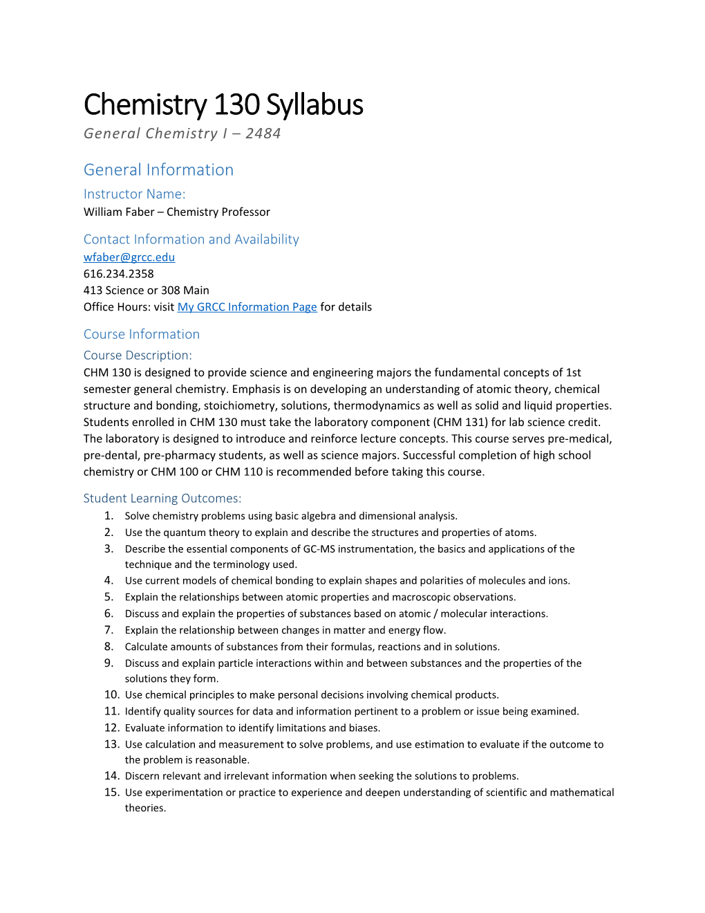 Chemistry 130 Syllabus