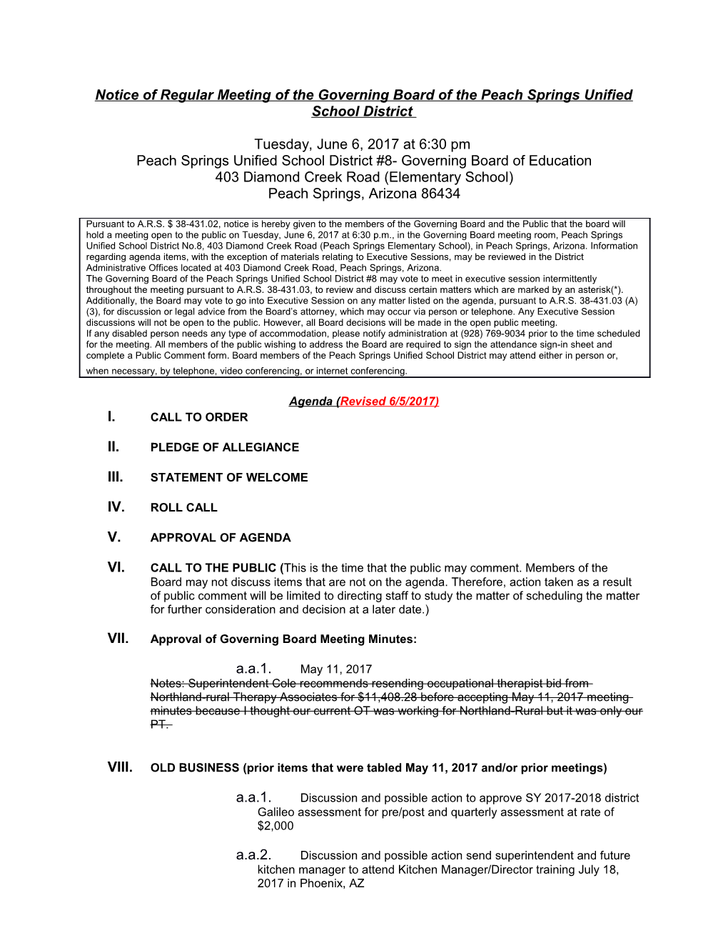 Noticeof Regular Meeting of the Governing Board of the Peach Springs Unified School District