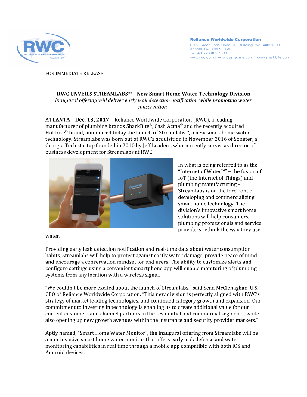 RWC UNVEILS STREAMLABS New Smart Homewater Technology Division