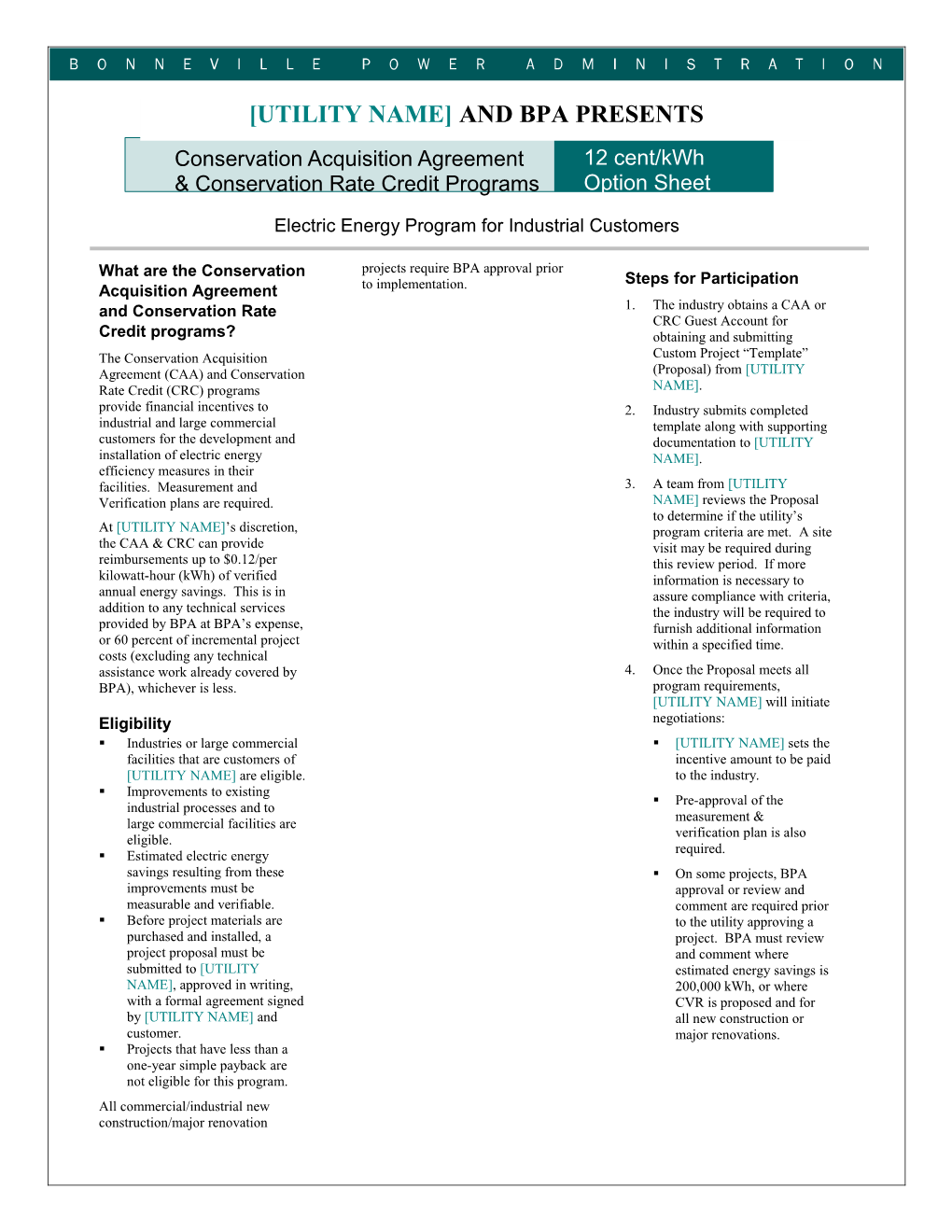 Conservation Acquisition Agreement & Conservation Rate Credit Programs
