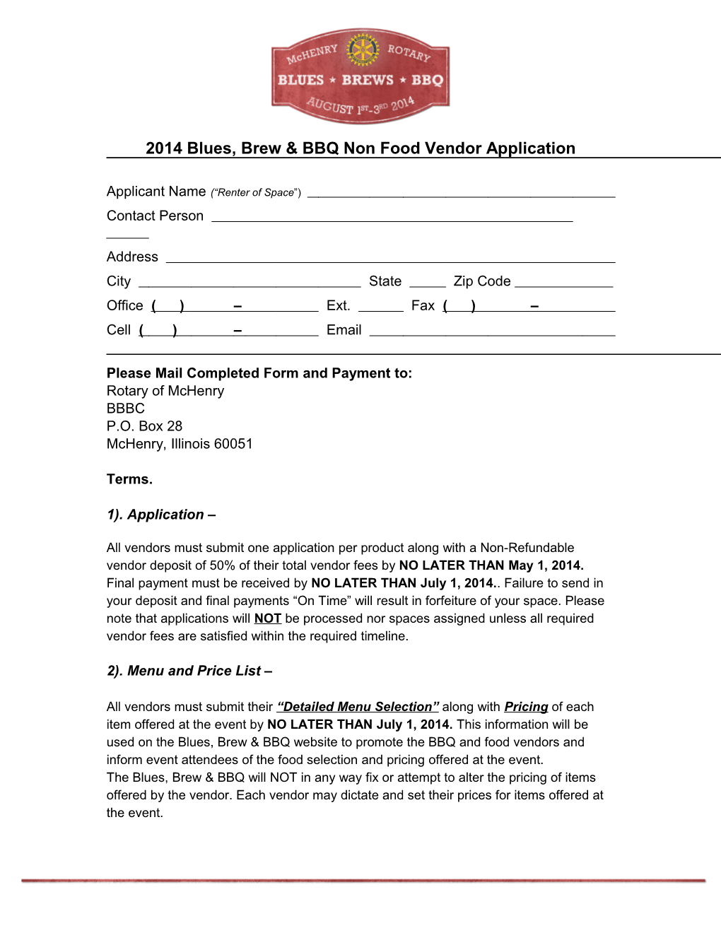 2014 Blues, Brew & BBQ Non Food Vendor Application