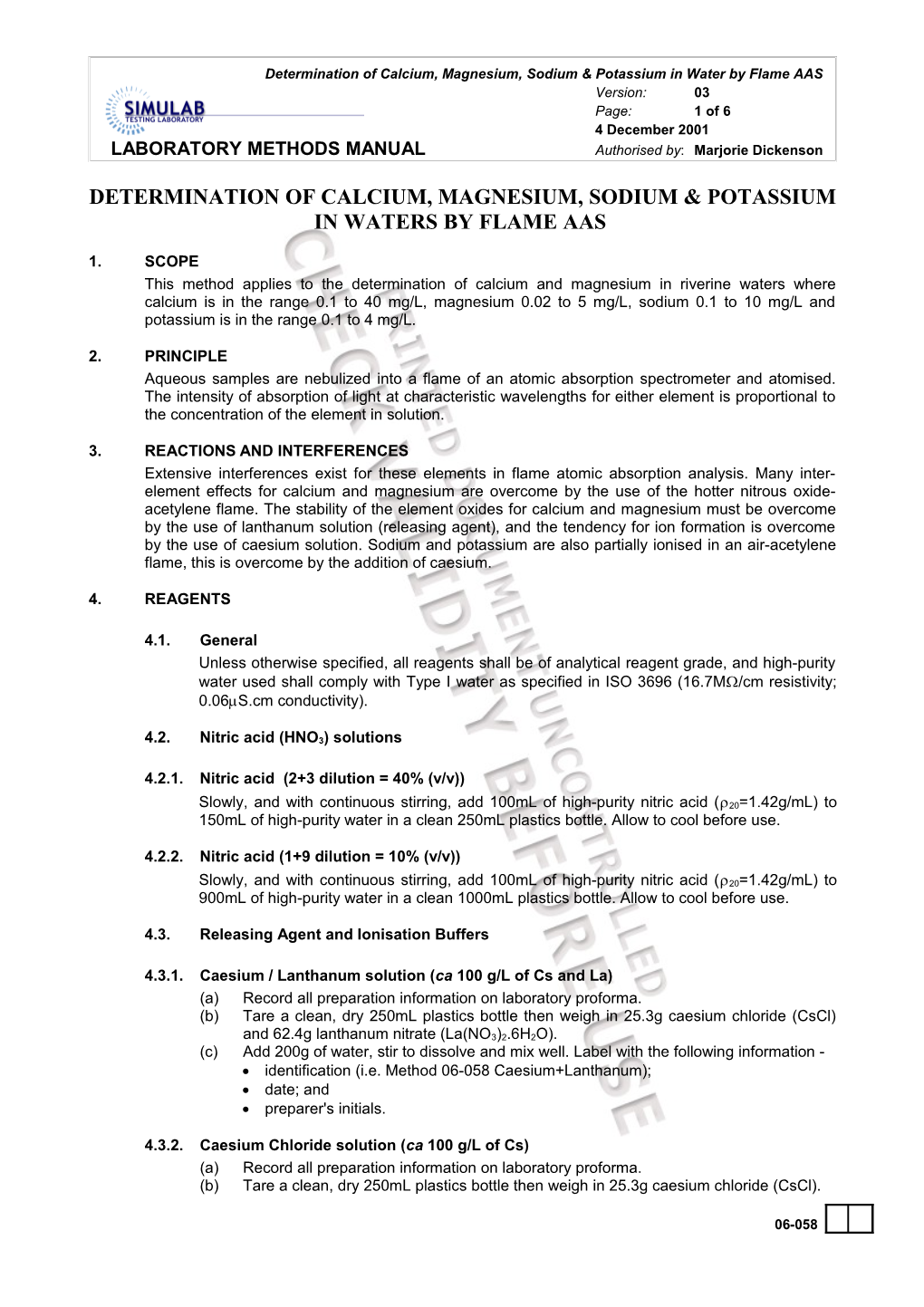 Determination of Calcium, Magnesium, Sodium & Potassium in Waters by Flame Aas