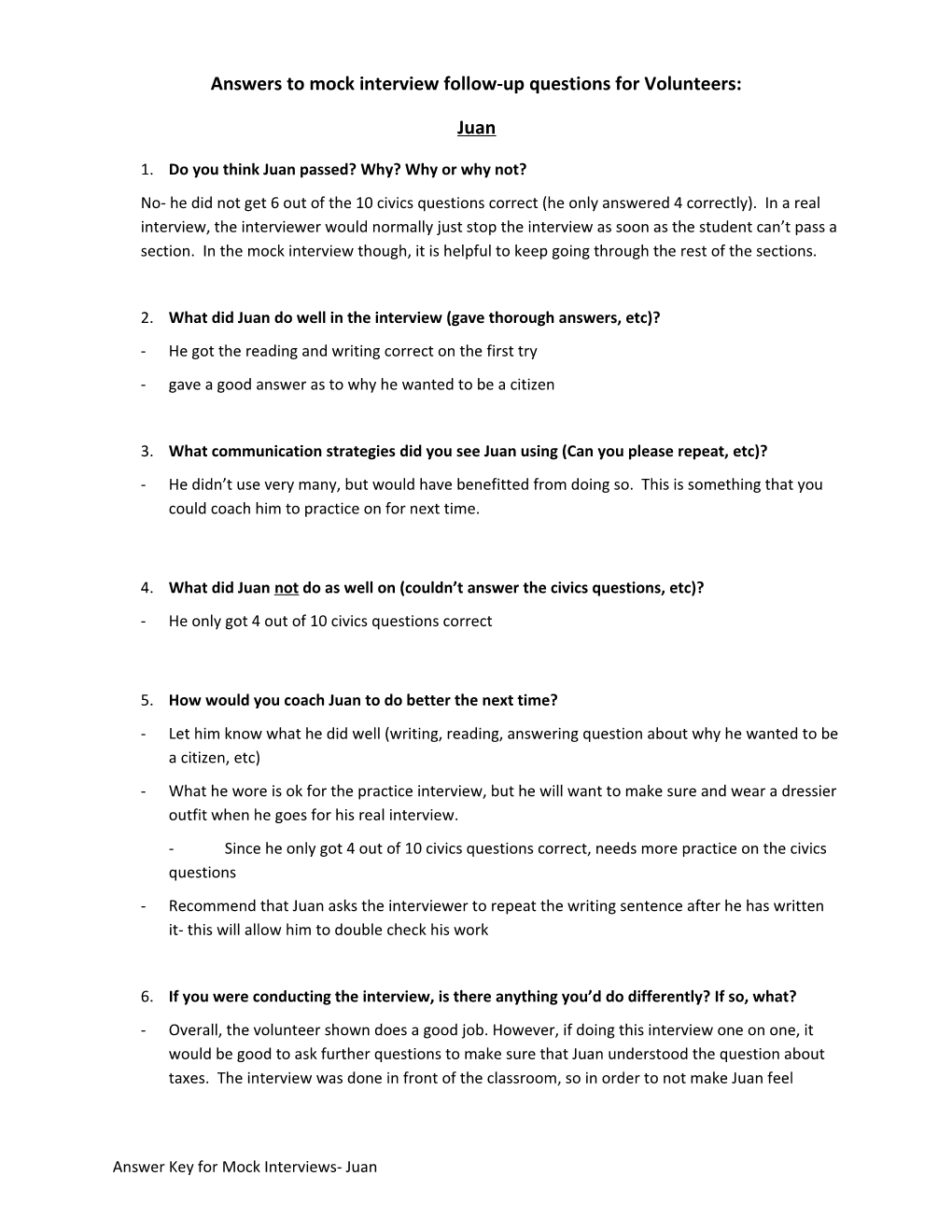 Answers to Mock Interview Follow-Up Questions for Volunteers