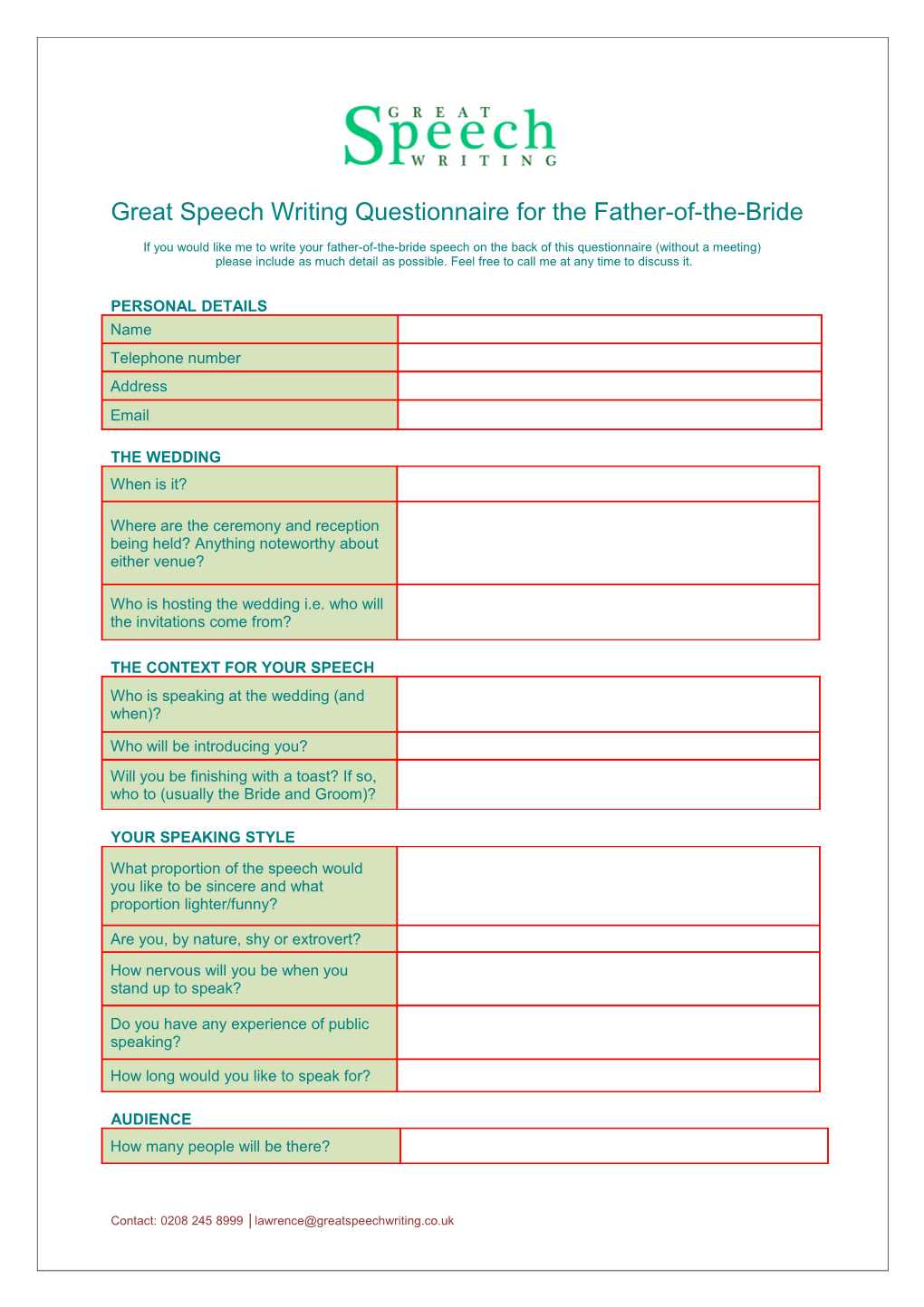 Great Speech Writing Questionnaire for the Father-Of-The-Bride