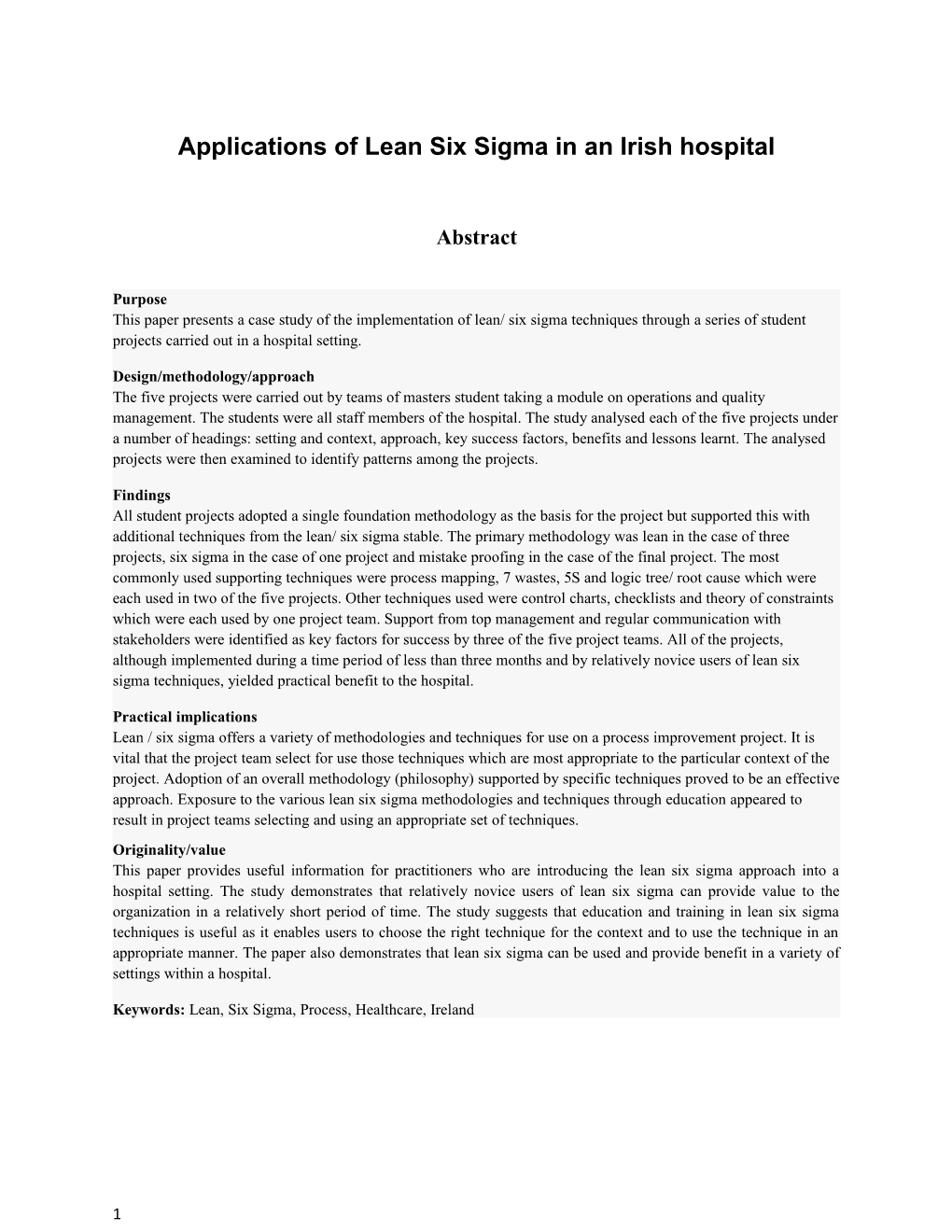 Lean Six Sigma in Healthcare Multiple Case Studies in an Irish Hospital