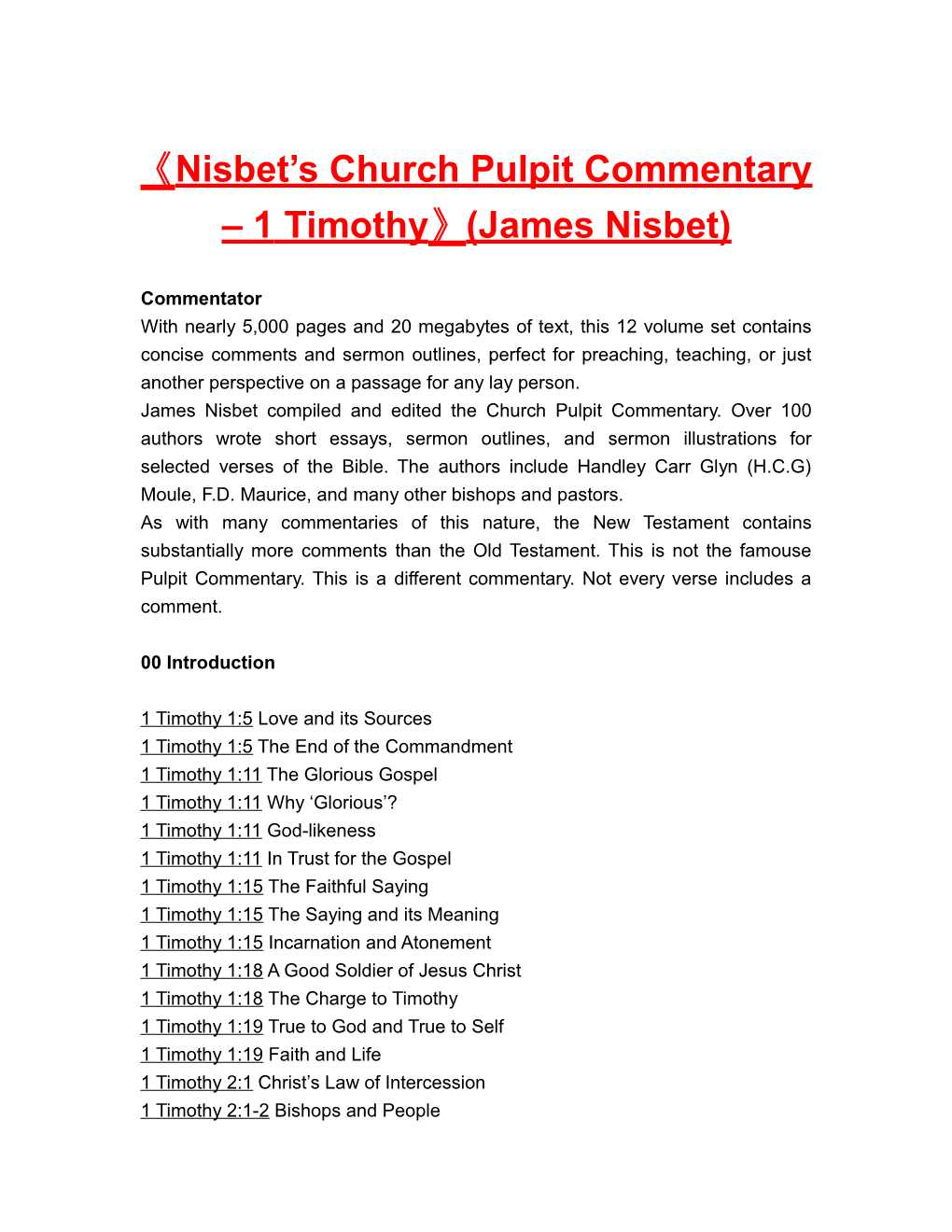 Nisbet S Churchpulpit Commentary 1 Timothy (James Nisbet)