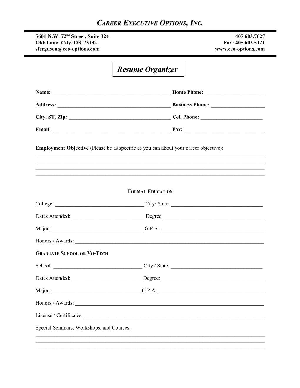 Resume Preparation Organizer