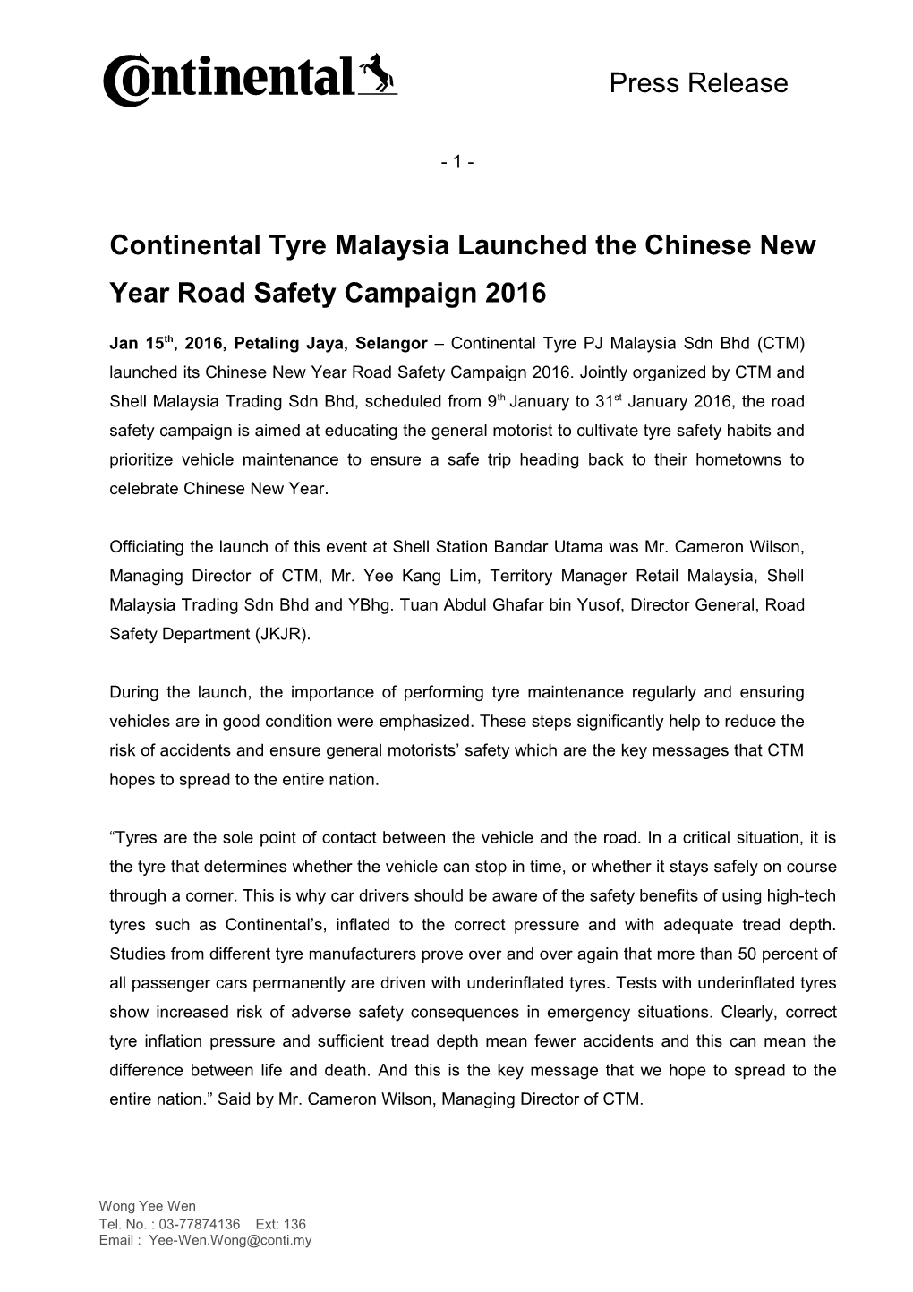 Continental Tyre Malaysia Launched the Chinese New Year Road Safety Campaign 2016