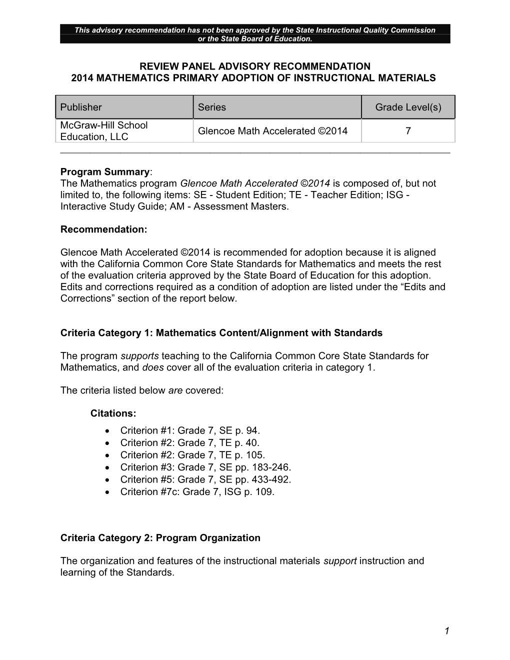 2014 Glencoe Math Accelerated - Instructional Materials (CA Dept of Education)