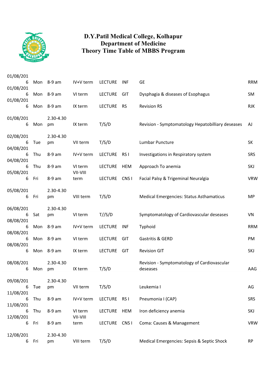Theorytime Table of MBBS Program