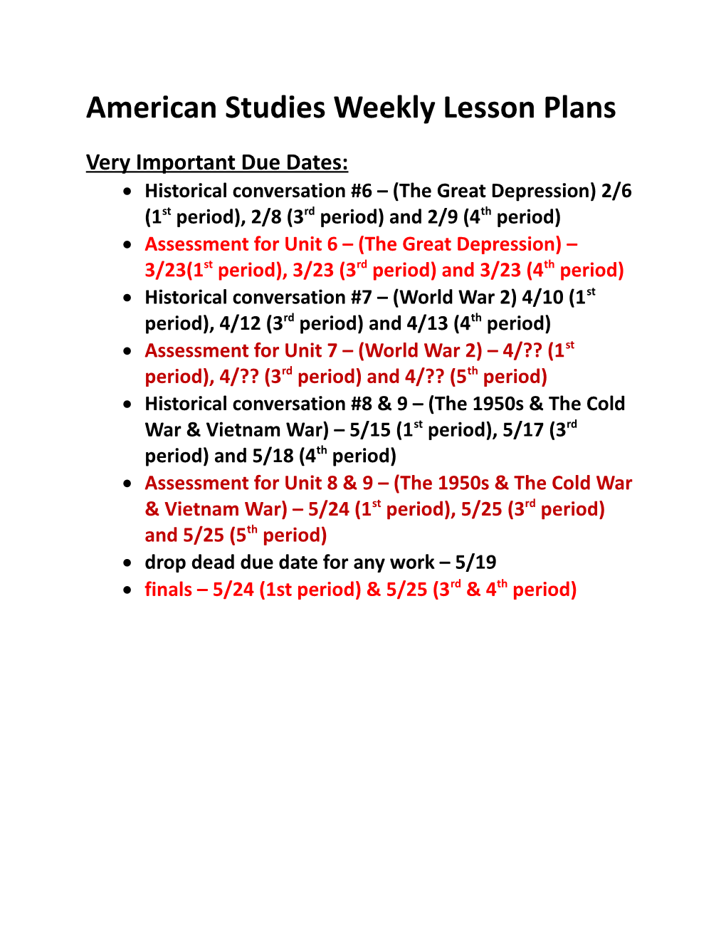 American Studies Weekly Lesson Plans