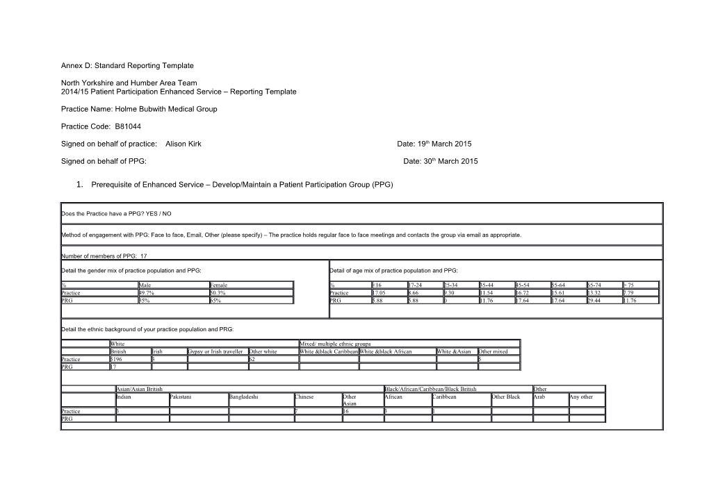 Annex D: Standard Reporting Template