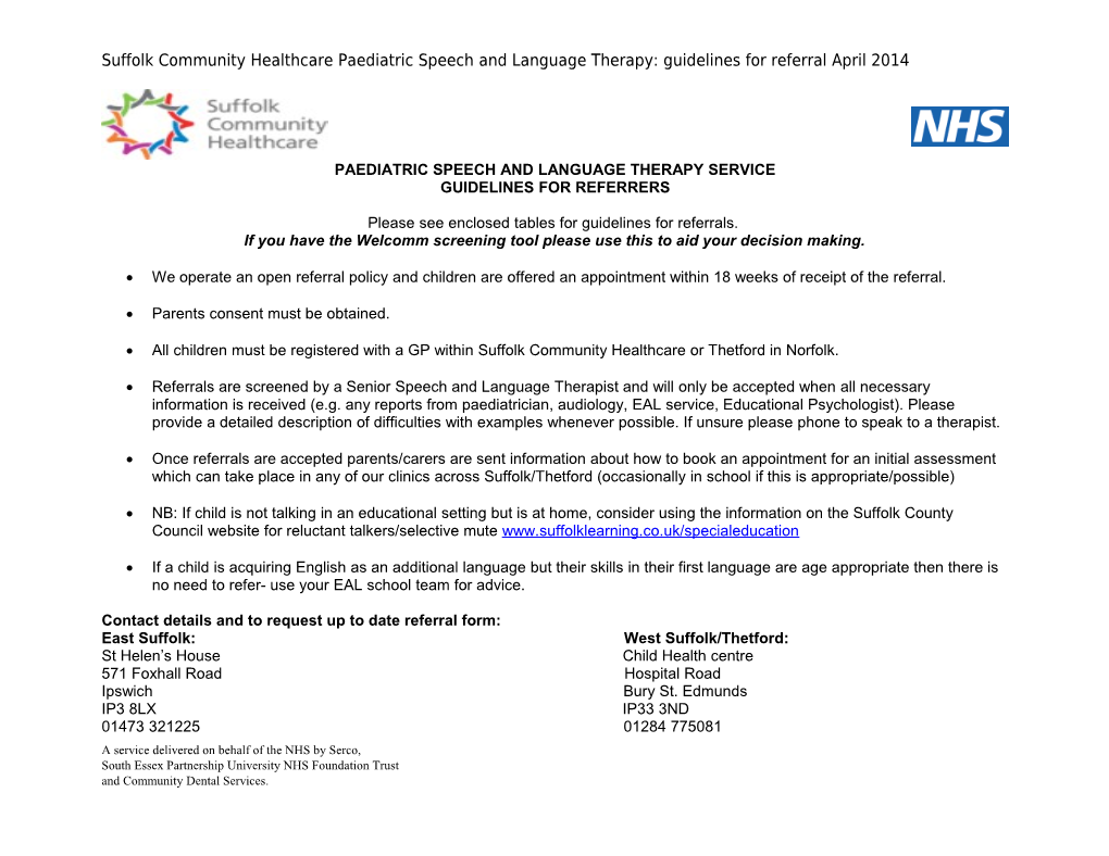 Paediatric Speech and Language Therapy Service