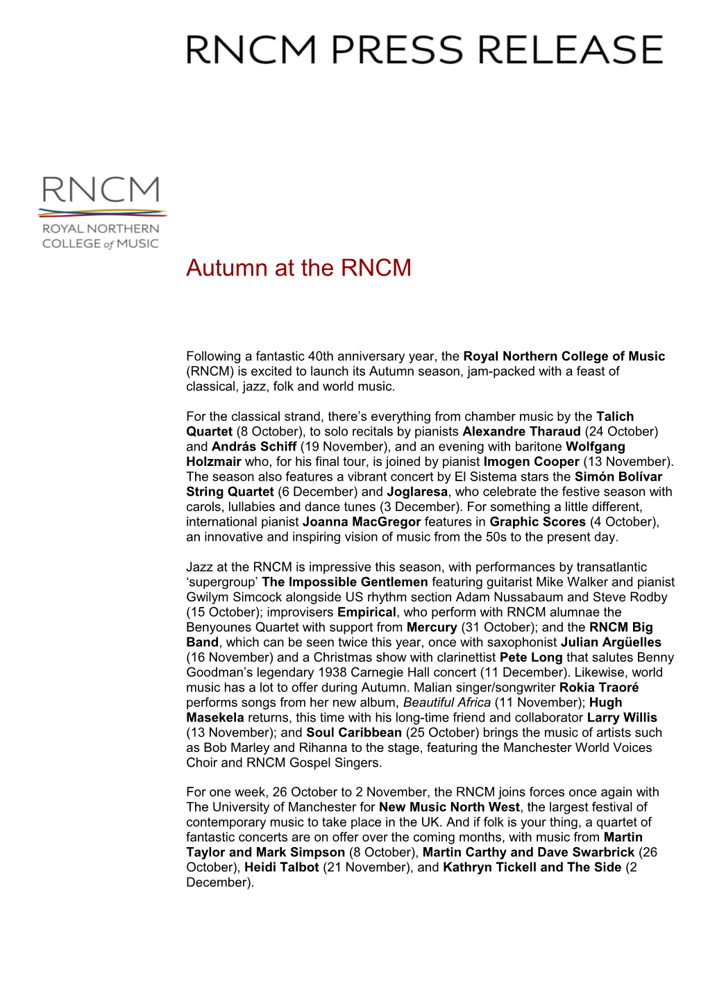 Autumn at the RNCM