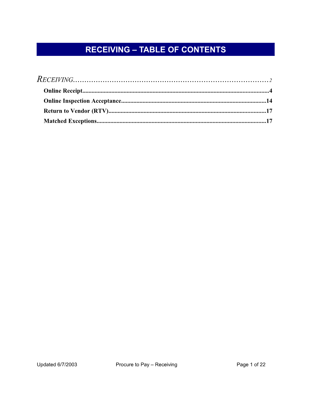 Receiving Table of Contents