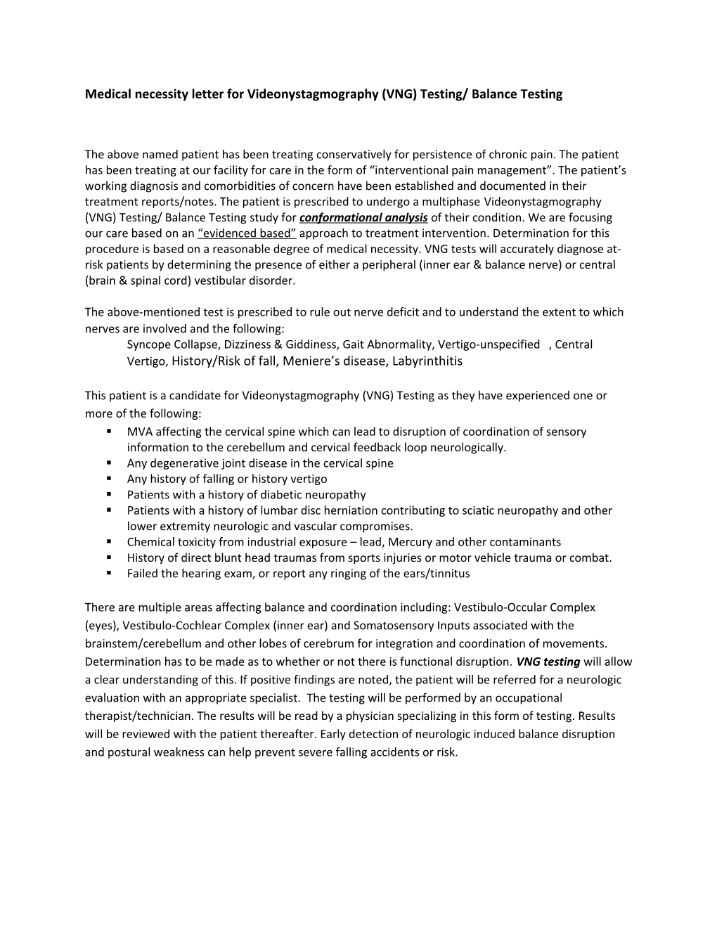 Medical Necessity Letter for Videonystagmography (VNG) Testing/ Balance Testing