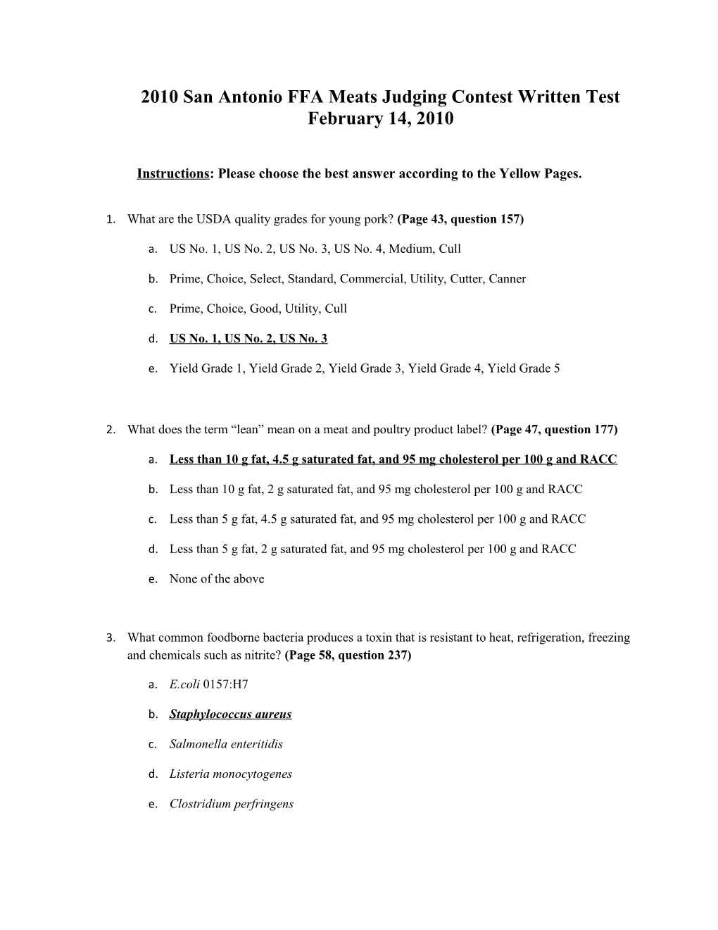 2010 San Antonio FFA Meats Judging Contest Written Test