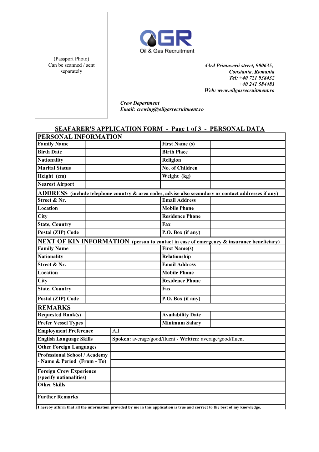 SEAFARER's APPLICATION FORM - Page 1 of 3 - PERSONAL DATA