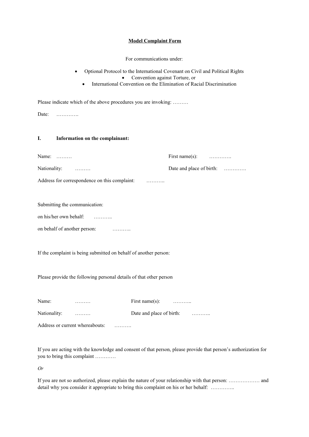 Model Complaint Form