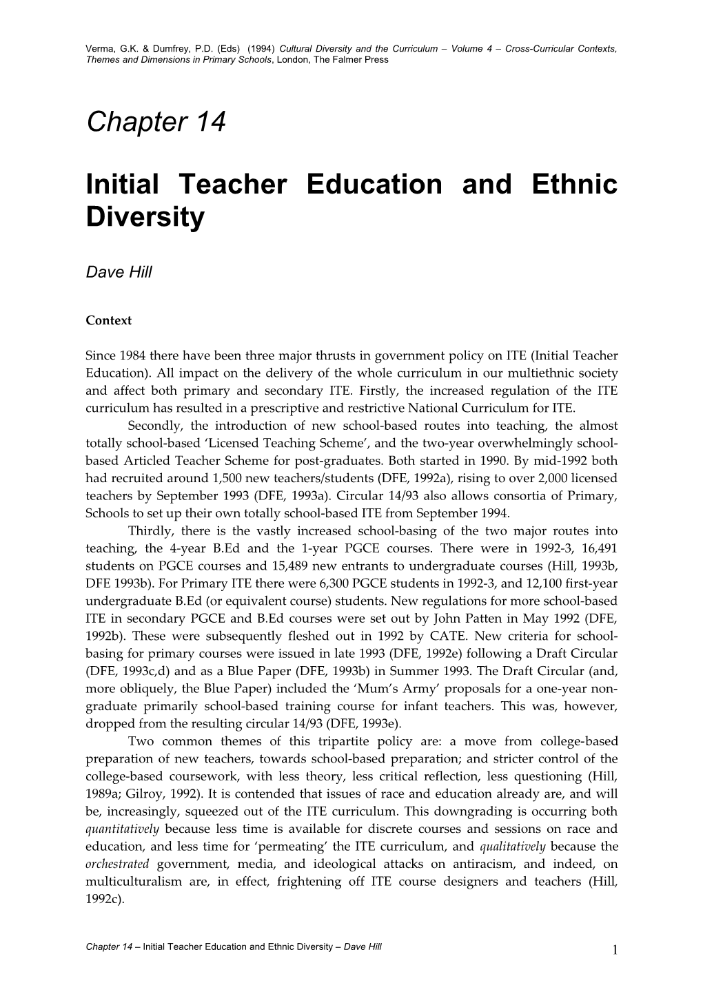 Initial Teacher Education Andethnic Diversity