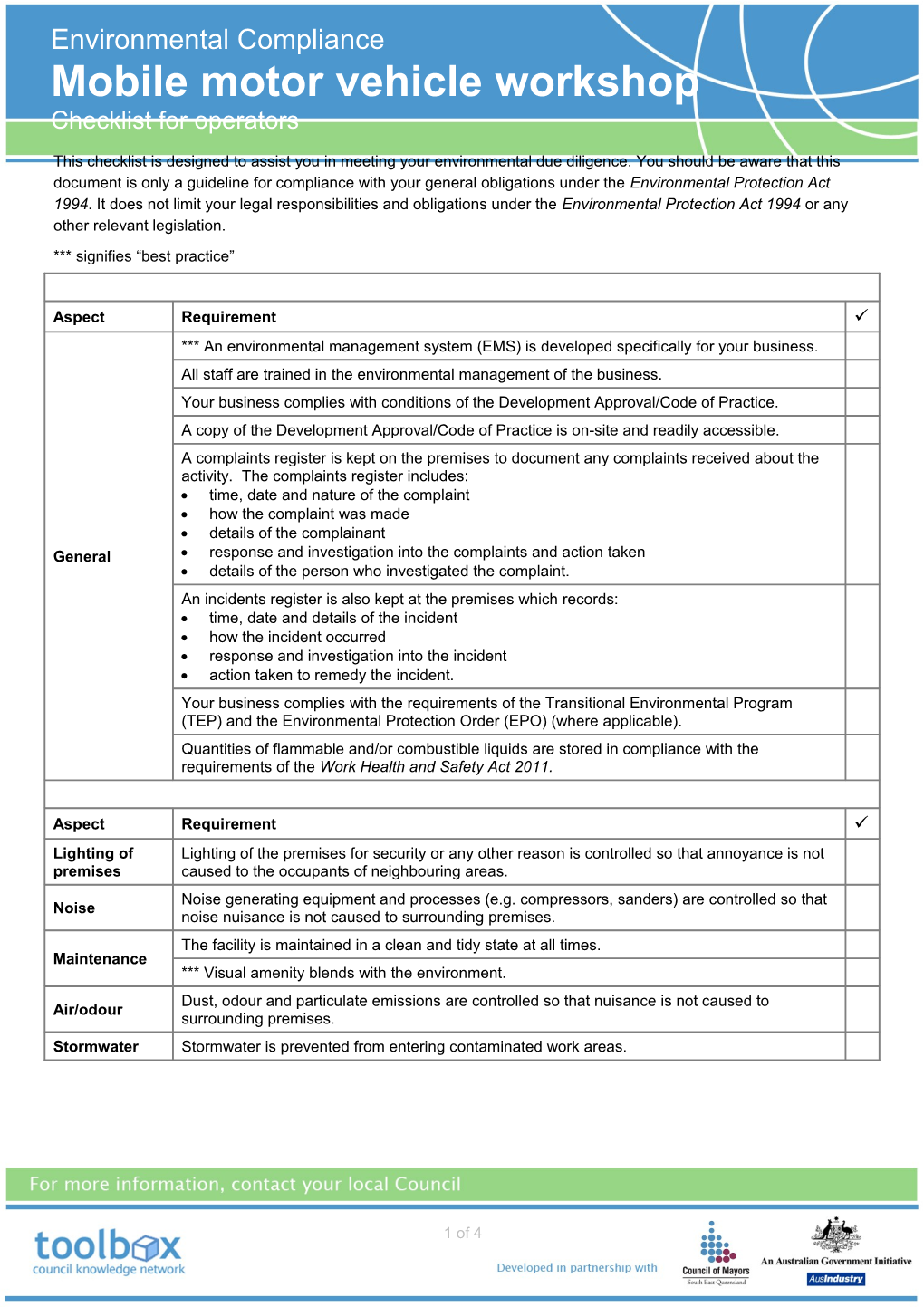 Operator Self Assessment Checklist - Mobile Motor Vehicle Workshop