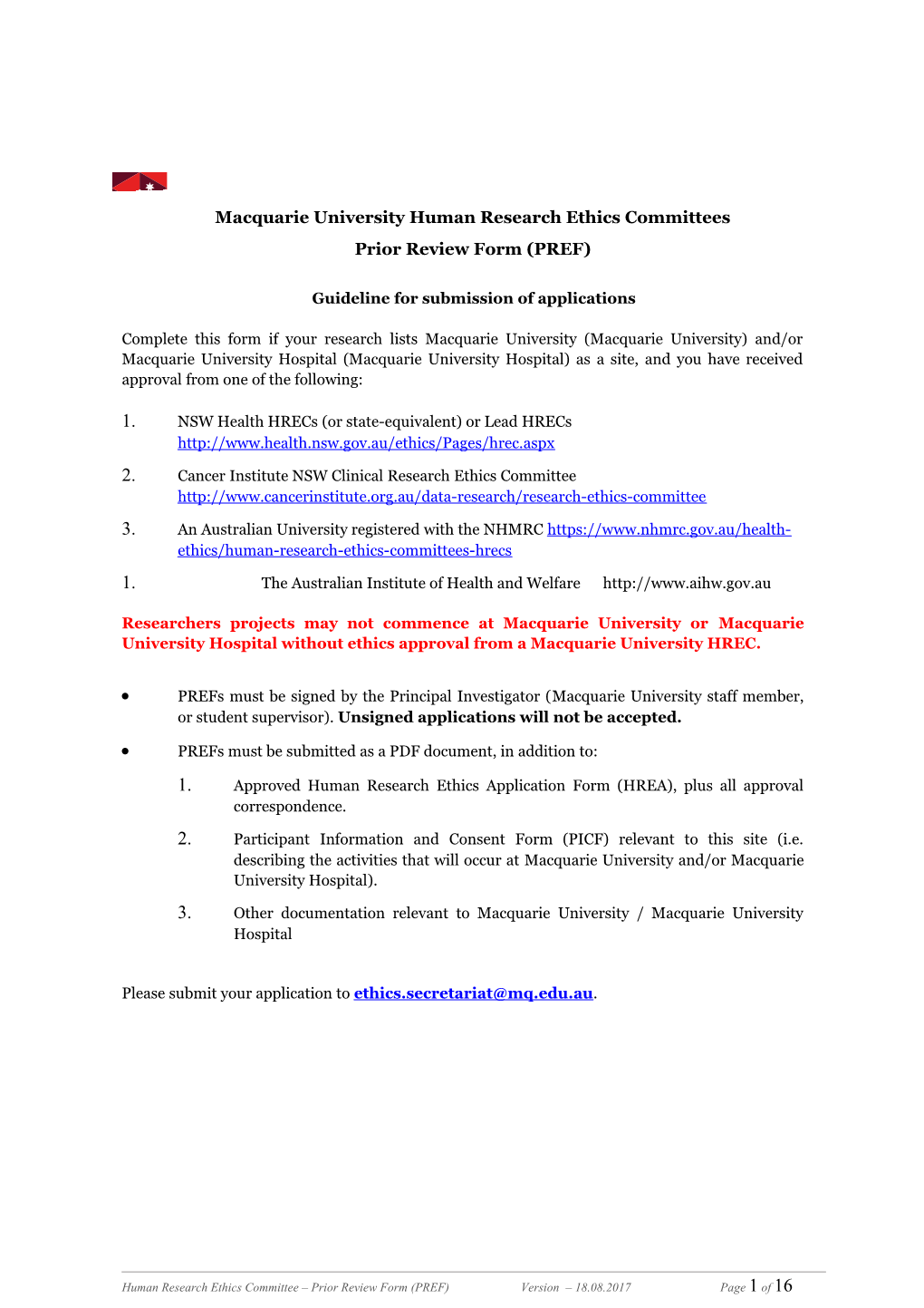 Macquarie University Human Ethics Application Form
