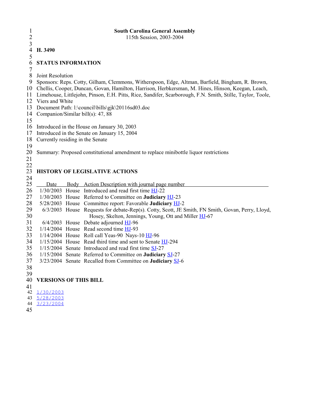 2003-2004 Bill 3490: Proposed Constitutional Amendment to Replace Minibottle Liquor Restrictions