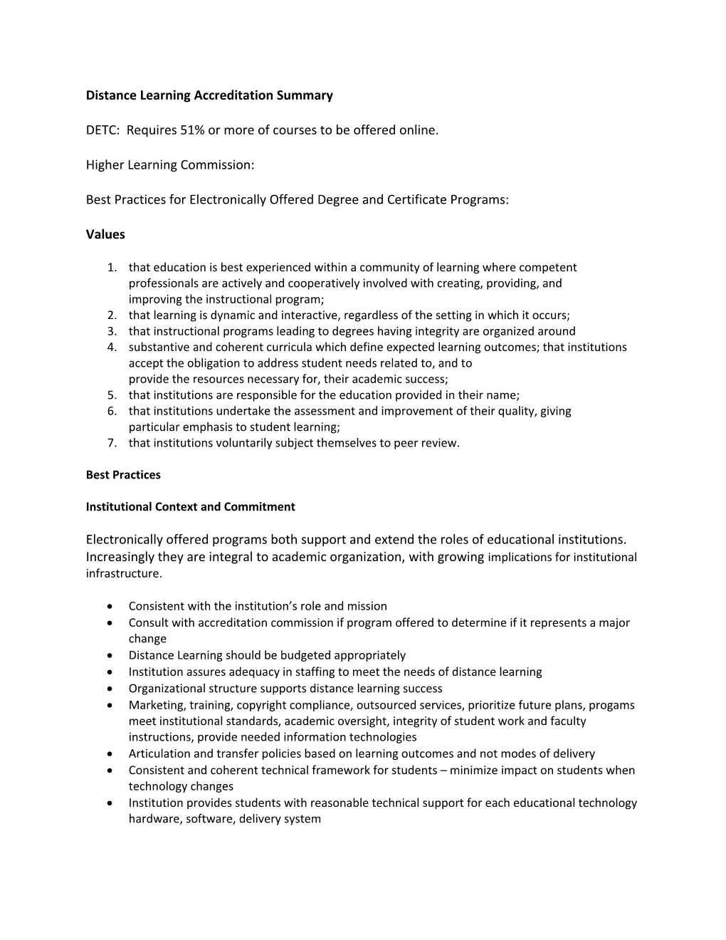 Distance Learning Accreditation Summary