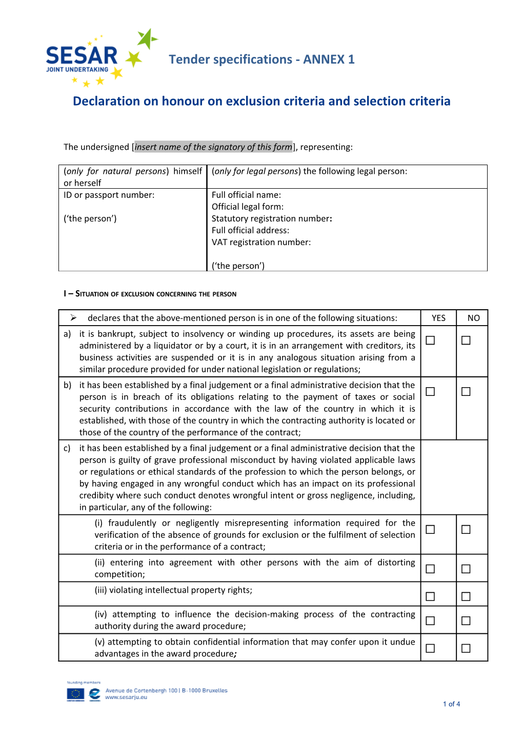 Declaration on Honour Onexclusion Criteria and Selection Criteria