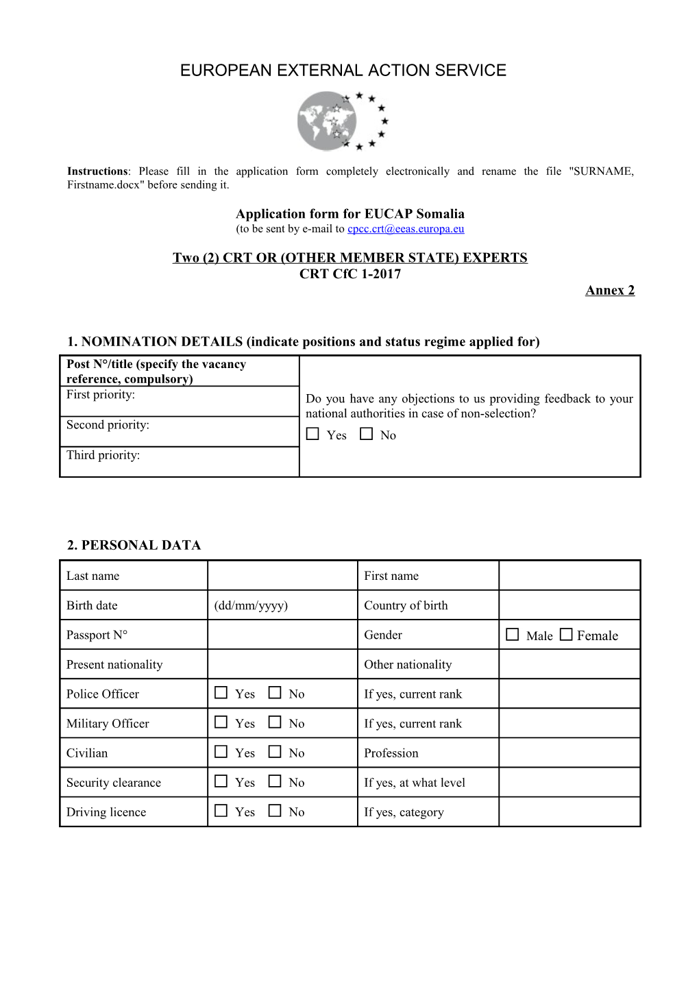 Application Form for EUCAP Somalia