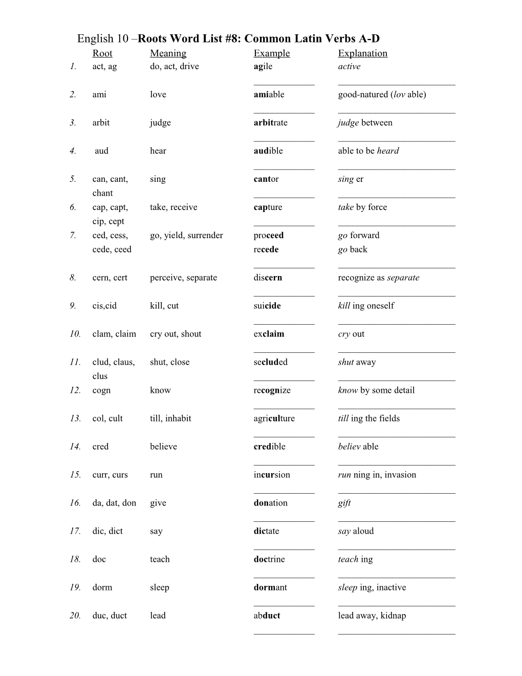 English 10 Roots Word List #8: Common Latin Verbs A-D