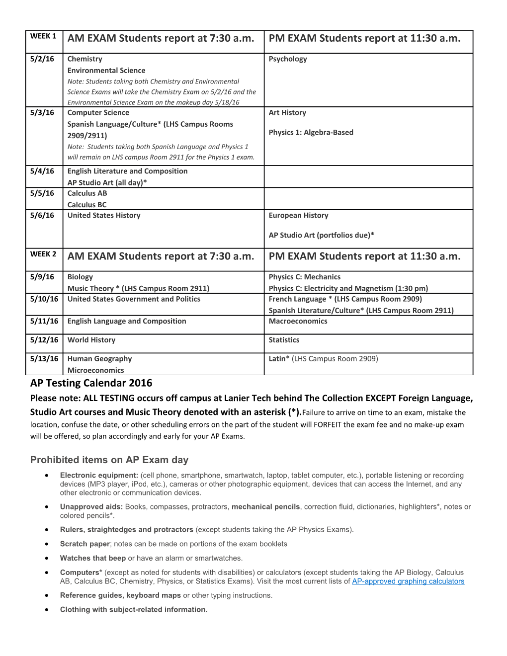 AP Testing Calendar 2016