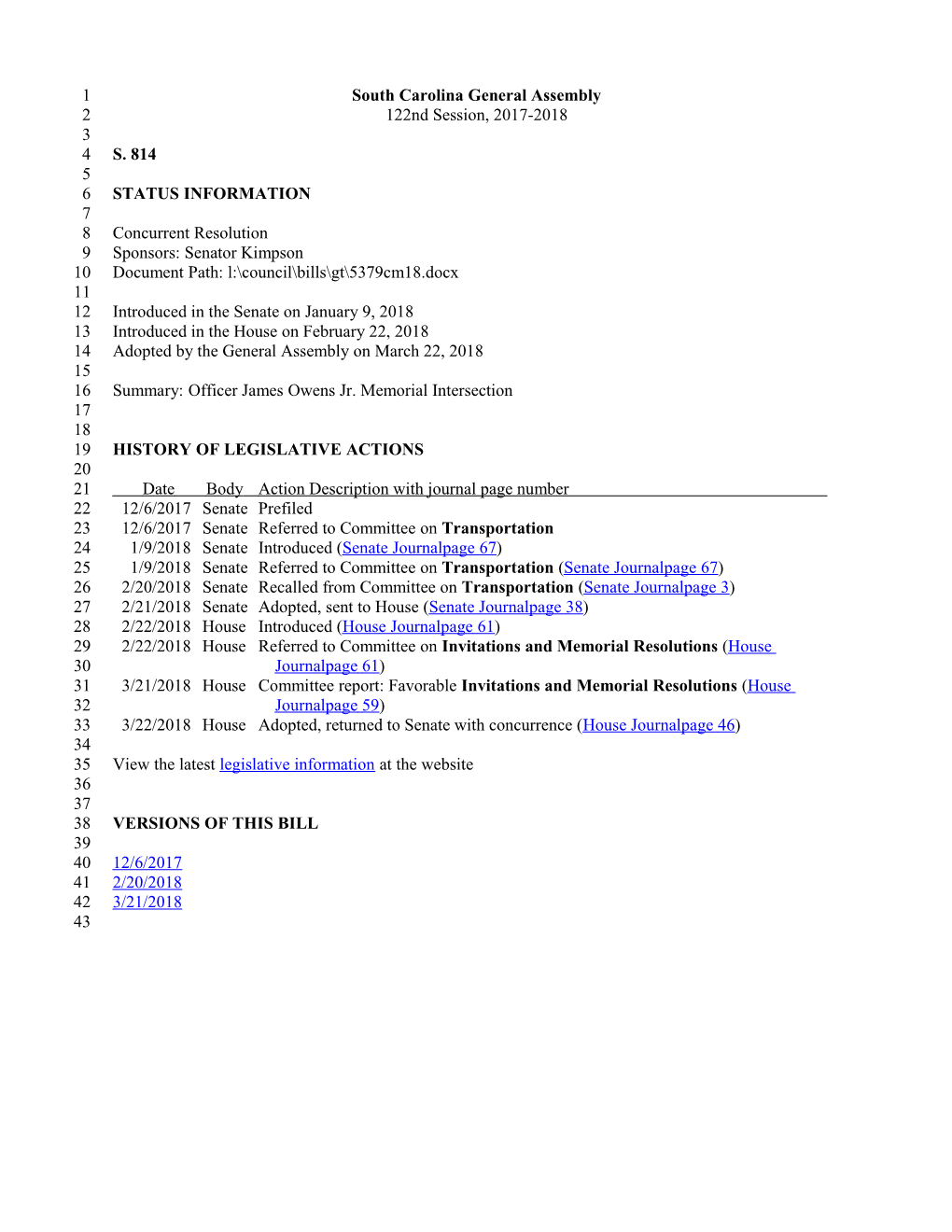 2017-2018 Bill 814: Officer James Owens Jr. Memorial Intersection - South Carolina Legislature