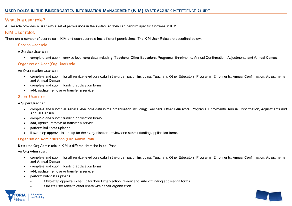 User Roles in the Kindergarten Information Management (KIM) System Quick Reference Guide