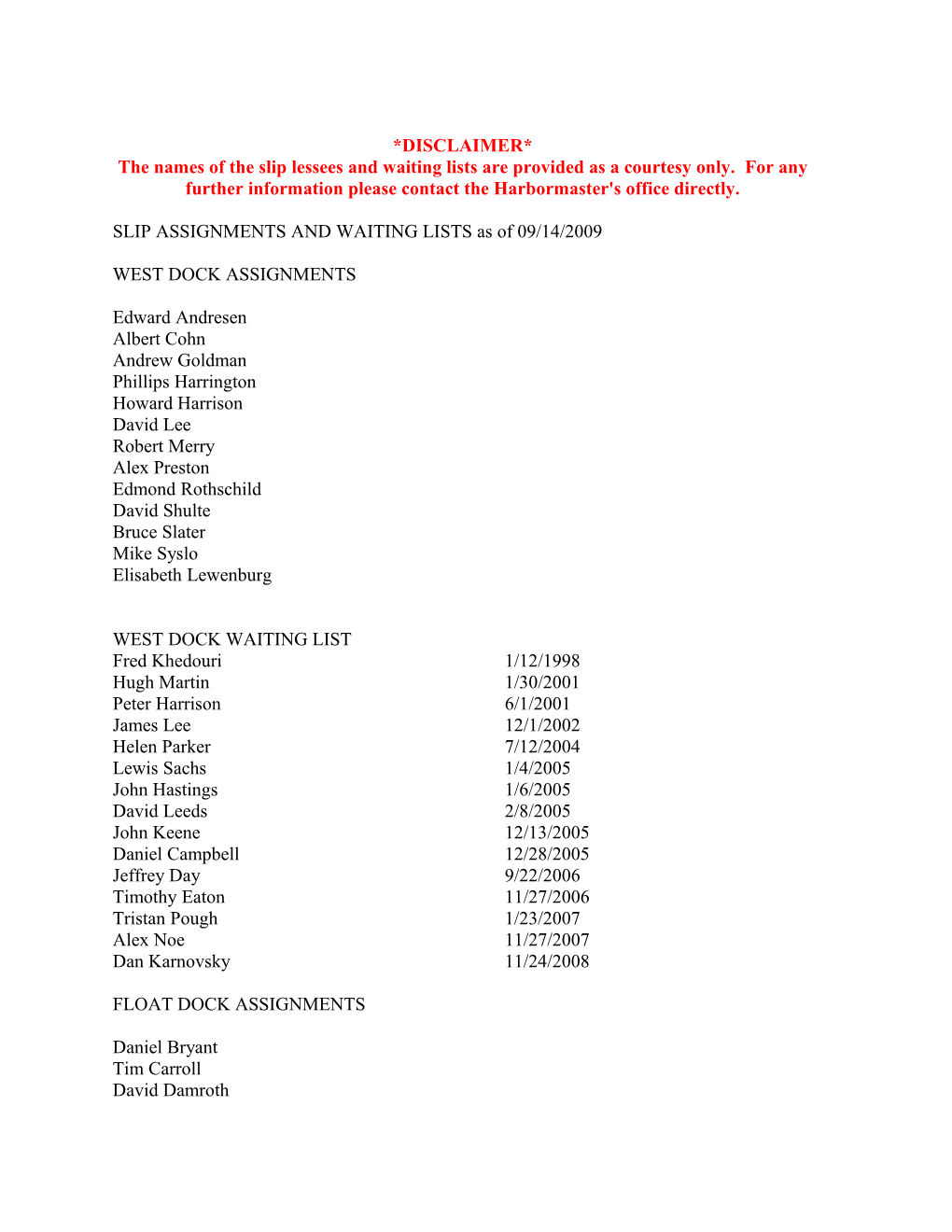 SLIP ASSIGNMENTS and WAITING LISTS As of 09/14/2009