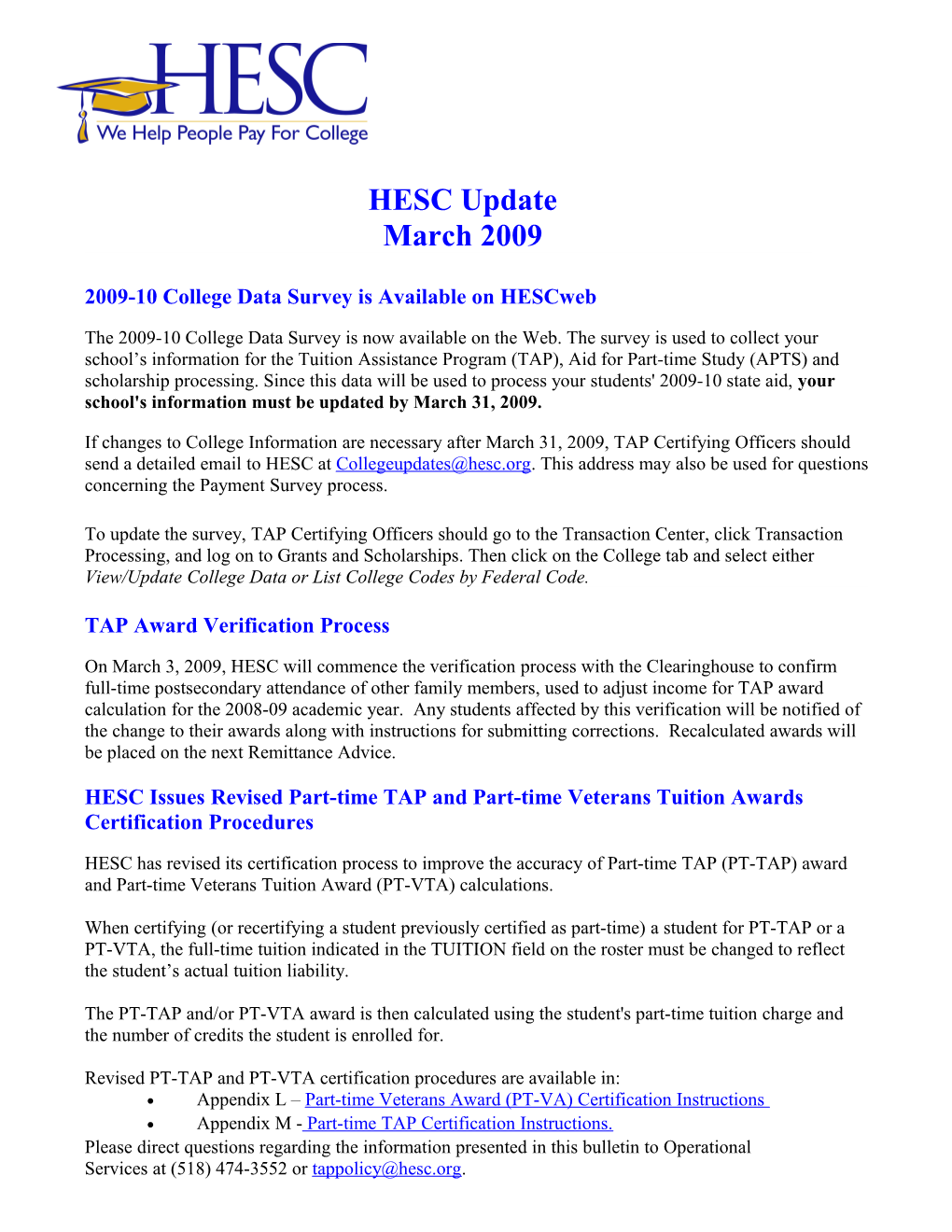 2009-10 College Data Survey Is Available on Hescweb