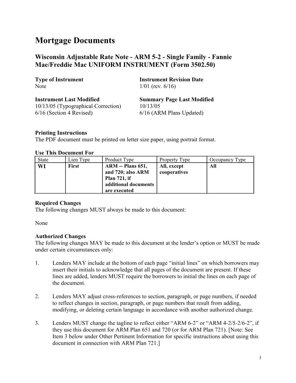 Summary: Wisconsin Adjustable Rate Note - ARM 5-2