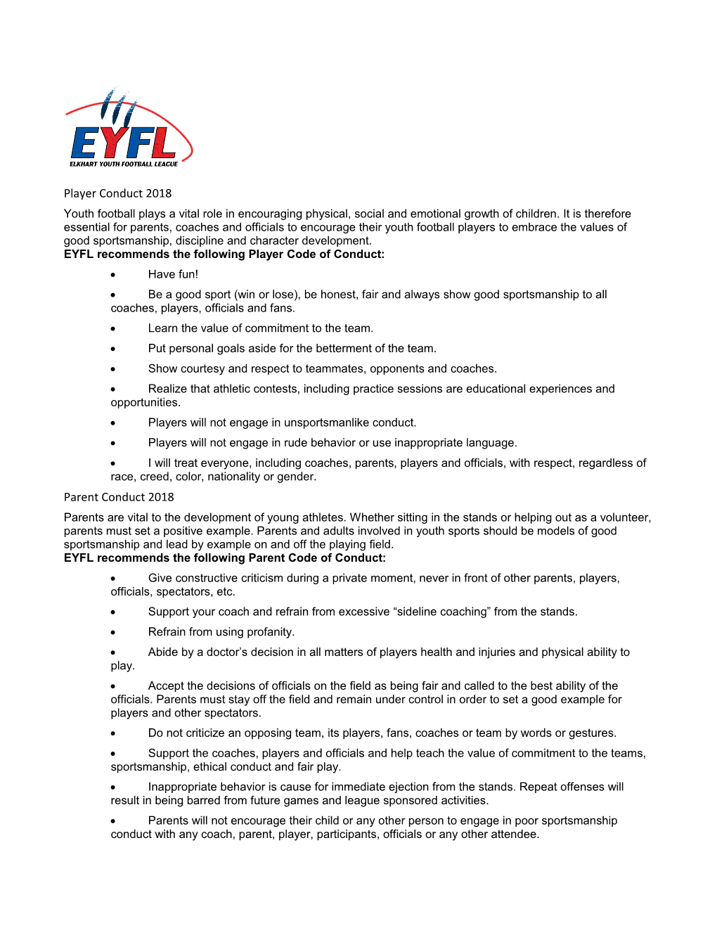 EYFL Recommends the Following Player Code of Conduct