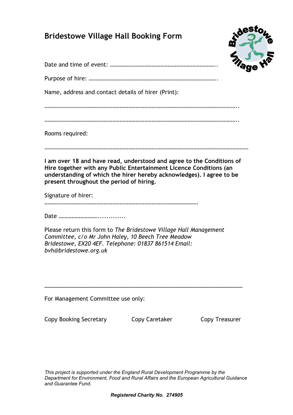 Bridestowe Village Hall Booking Form