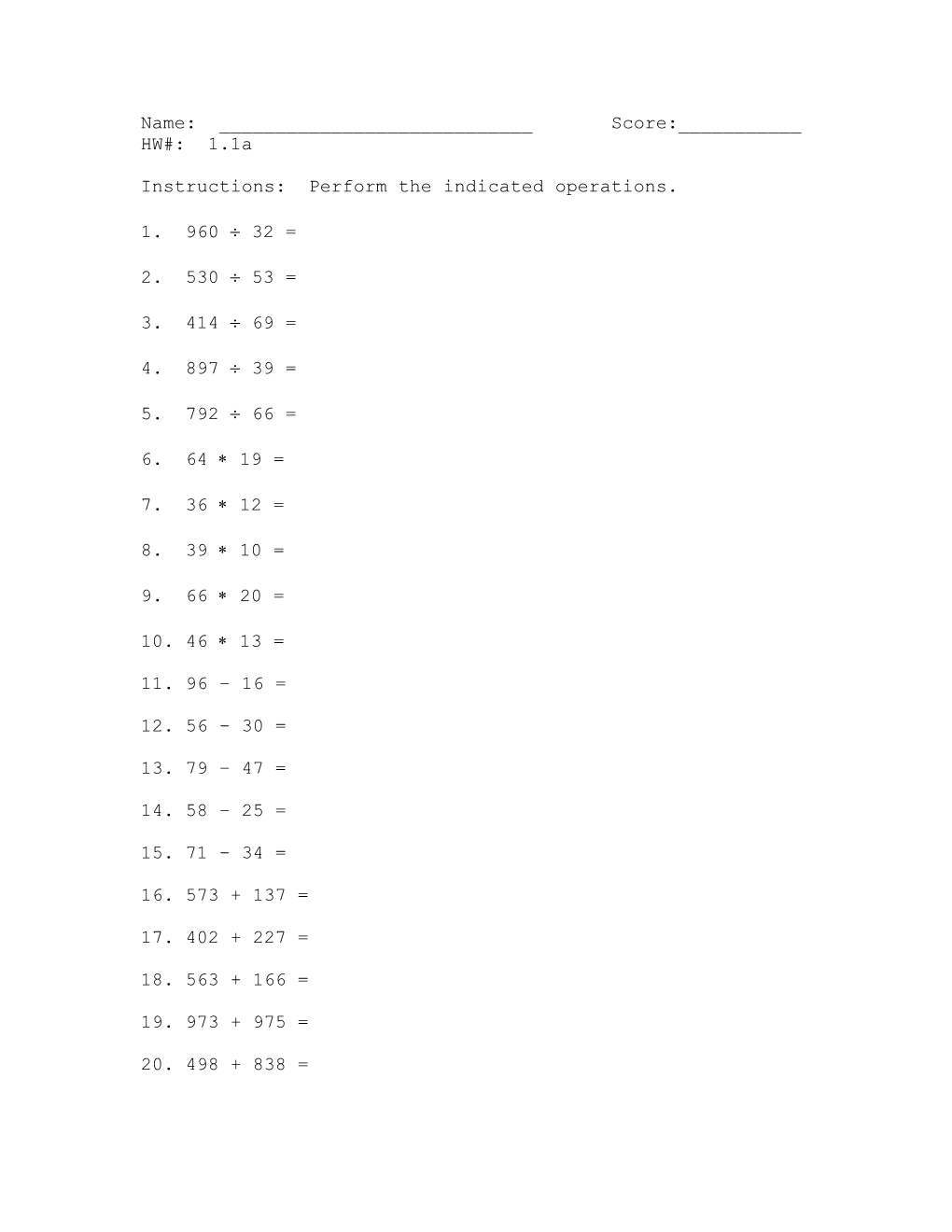 Instructions: Perform the Indicated Operations