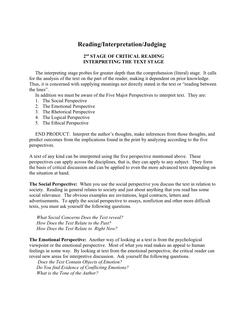 Interpreting the Text Stage