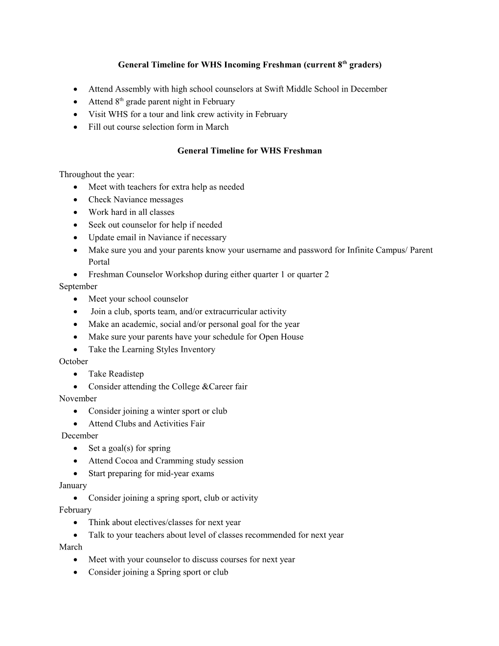 General Timeline for WHS Incoming Freshman (Current 8Th Graders)