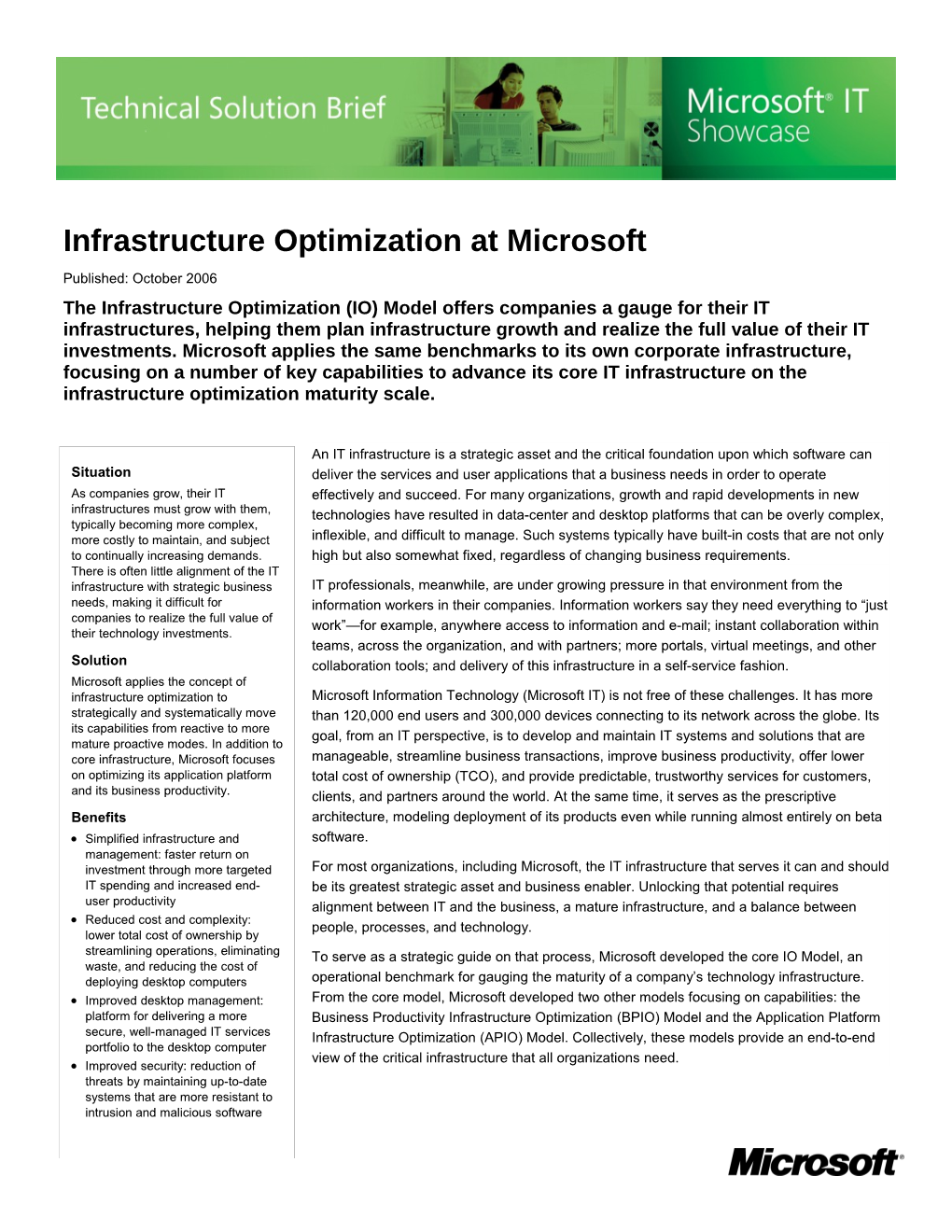 IT Showcase: Infrastructure Optimization at Microsoft Technical Solution Brief