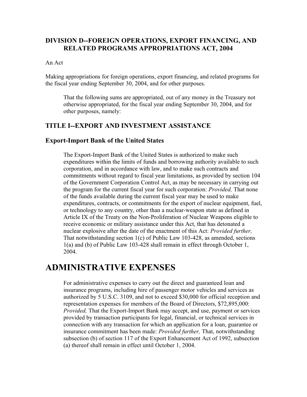 Division D Foreign Operations, Export Financing, and Related Programs Appropriations Act, 2004