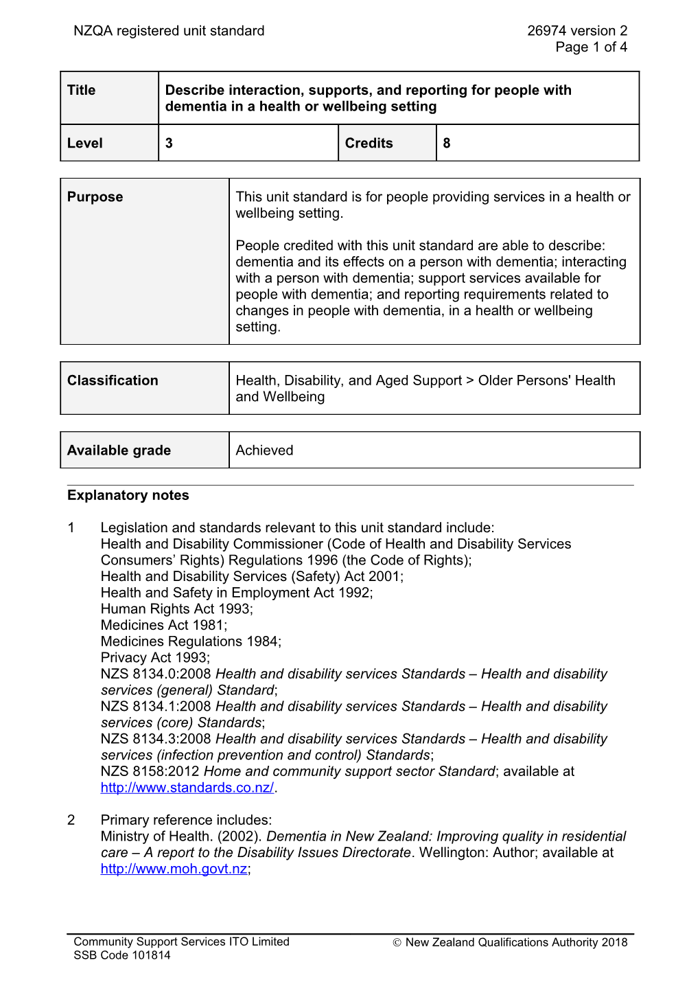 26974 Describe Interaction, Supports, and Reporting for People with Dementia in a Health